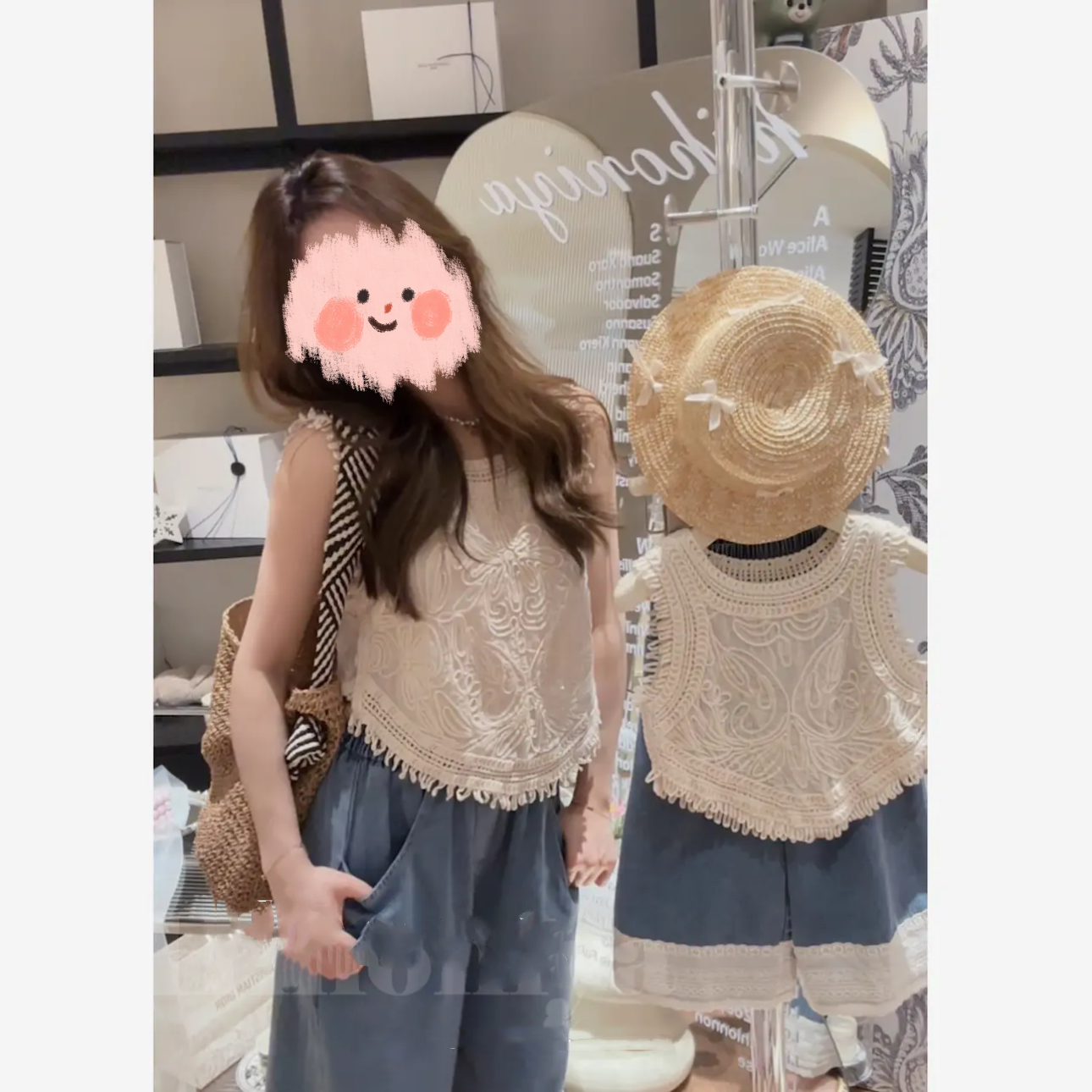 亲子装套装夏款韩版蕾丝背心牛仔裤显瘦2024女童两件套装母女夏季